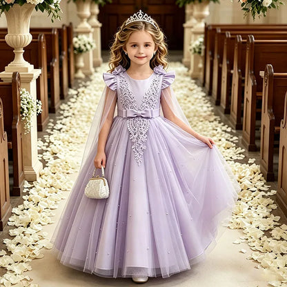 New Lace Bow Shawl Flower Girl Dress with Little Flutter Sleeves for Girls