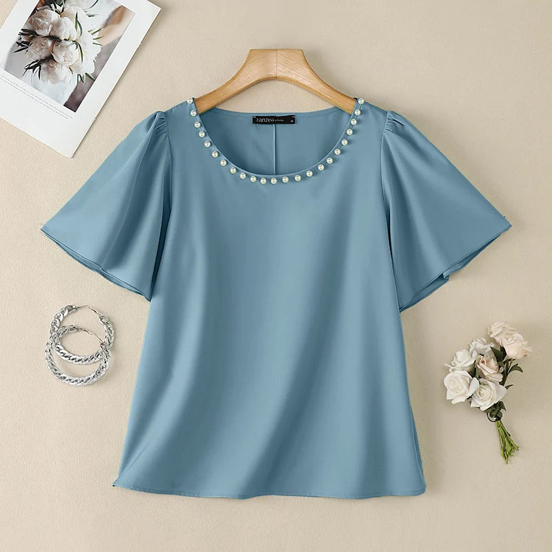 ZANZEA Women's Elegant Blouses Pearls Detailed O-Neck Short Sleeve Pullover Tops Summer Office Work Solid Color Blusas de Mujer