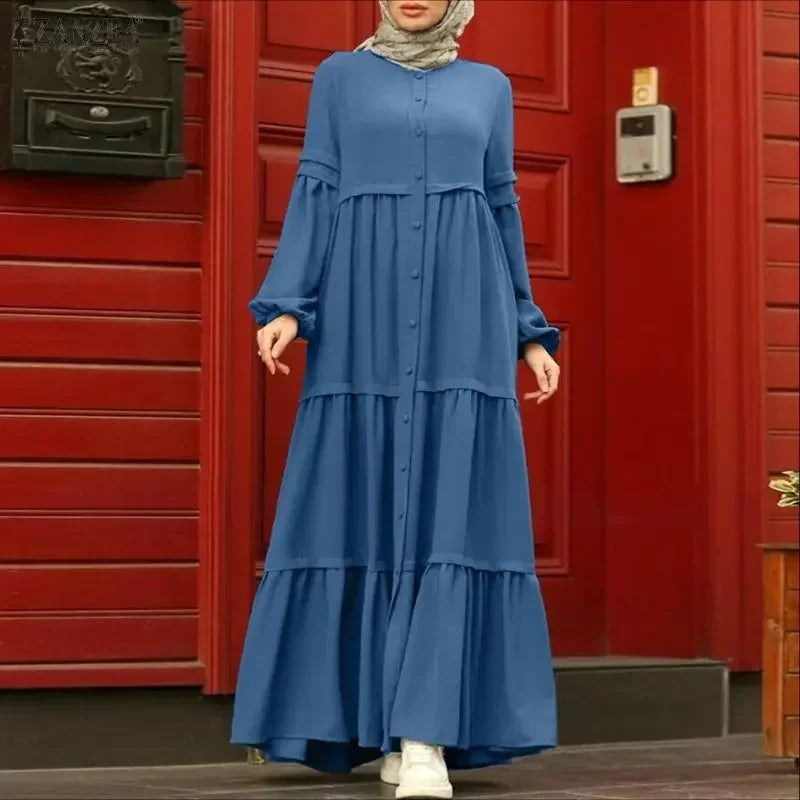 Women Autumn Dresses ZANZEA Muslim Abaya Robe Femme Elegant Long Sleeve Pleated Sundress Ramadan Kaftan Solid Button Vestido