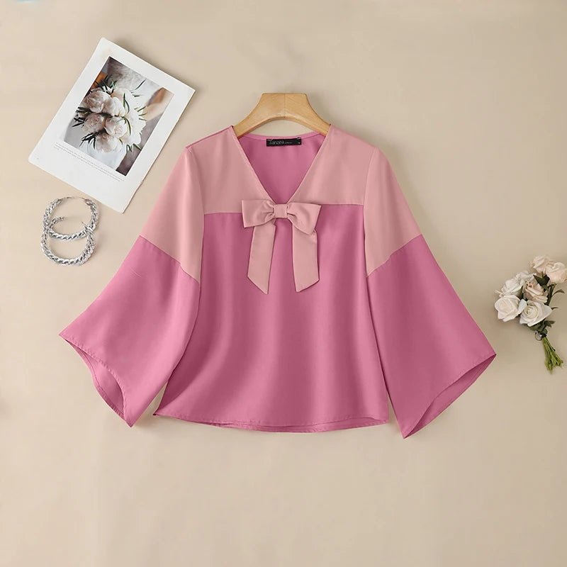 ZANZEA Woman Elegant Chic Blouses Contrast-Color Bow Detail V-Neck 3/4 Bell Sleeves Pullover Tops Summer Casual Blusas de Mujer