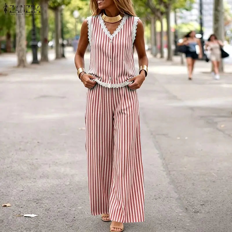 ZANZEA Summer Elegant V Neck Sleeveless Striped Lace Trim Blouse Pants Sets Women Outfits Casual OL Work Tracksuit 2 Pieces Sets