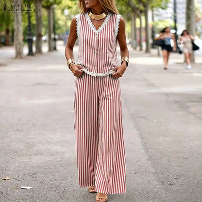 ZANZEA Summer Elegant V Neck Sleeveless Striped Lace Trim Blouse Pants Sets Women Outfits Casual OL Work Tracksuit 2 Pieces Sets