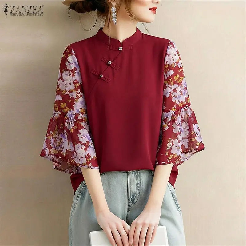 ZANZEA Woman Elegant Blouses Vintage Mandarin Collar Floral Printed 3/4 Flare Sleeve Tunic Tops Summer Patchwork Blusas de Mujer