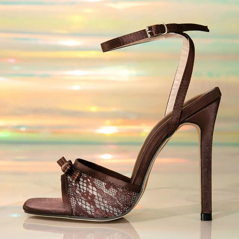 Elegant Ankle Strap Brown Heeled Sandals Women Sexy Open Toe High Heels for Ladies Mesh Bow Decoration Comfortable Women Shoes