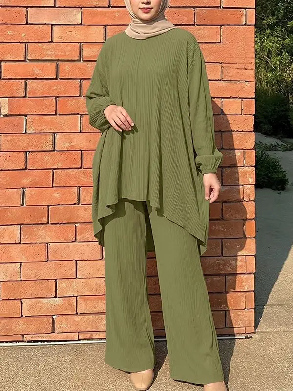 ZANZEA Muslim Women 2 Pieces Outfits Casual Full Sleeve Long Tops Wide Leg Pant Sets Abaya Suit Hijab Tracksuit Matching Sets