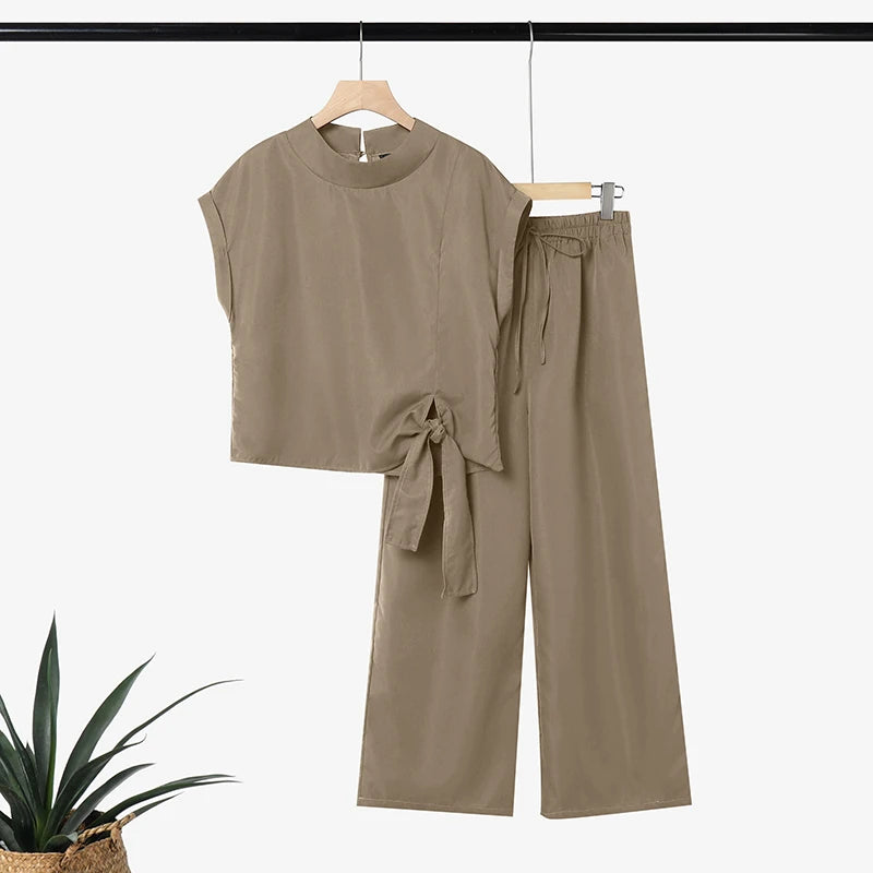 ZANZEA Women's Minimalist 2 Piece Sets Elegant Stand Collar Short Sleeve Blouse & Wide Leg Pant Suits Casual Pant Sets Outfits