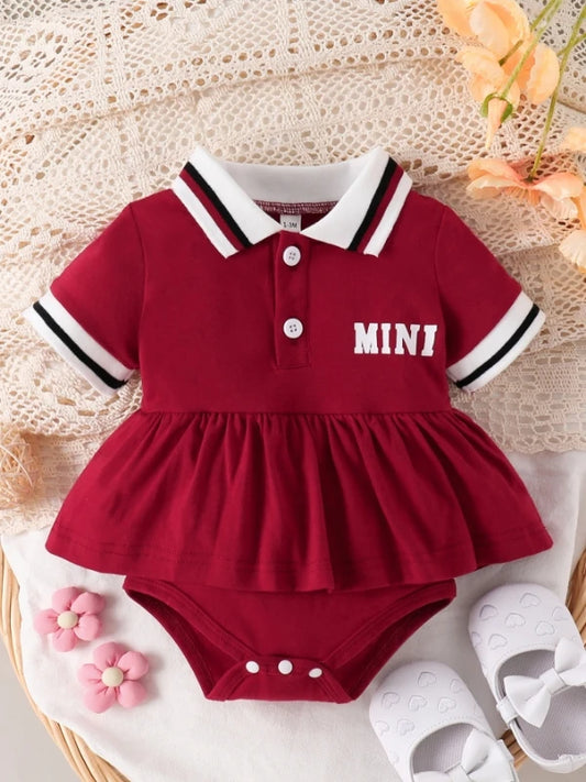 Baby Girl Red Polo Dress Set, Short-Sleeve "MINI" Letter Print Ruffled Dress with Bodysuit, Toddler Casual Outfit