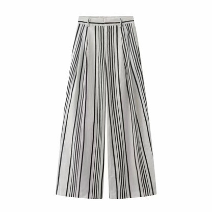 Maxdutti 2026 Summer New Loose And Comfortable Contrasting Striped High Waisted Straight Leg Linen Casual Pants For Women