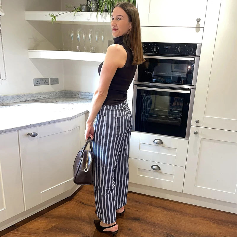MUJER Striped Baggy Jeans Woman Summer Wide Denim Pants for Women Fashion Mid Waist Woman Trousers Streetwear Mom Women's Jeans