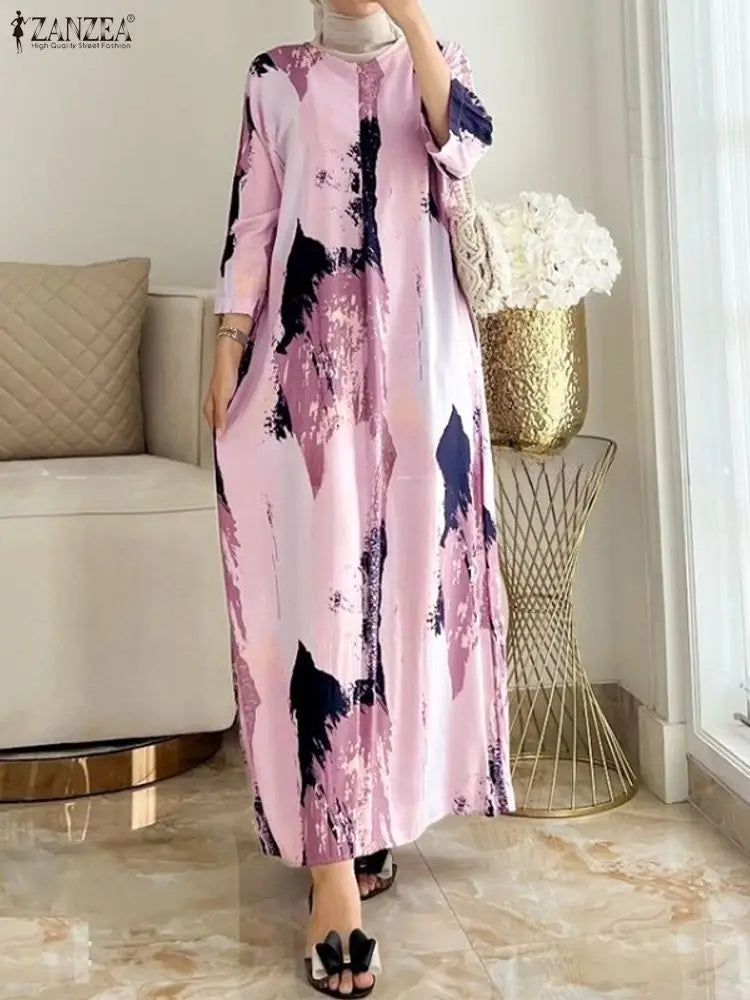 ZANZEA Fashion Casual O Neck Long Sleeve Printed Dress Muslim Dresses Abaya Women Summer Sundress Robe Femme Loose Vestidos