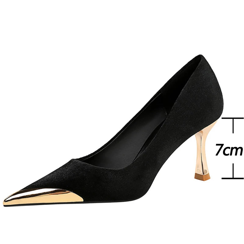 Large Size 43 Women 7 Cm Heels Metal Pointed Women Pumps Fashion Kitten Heels Sexy Party Shoes Women Suede Luxury Lady Heels