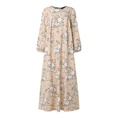 ZANZEA Muslim Abaya Women Bohemian Maxi Long Dress Floral Print Long Sleeve Round Neck Sundress Casual Loose Dresses Kaftan