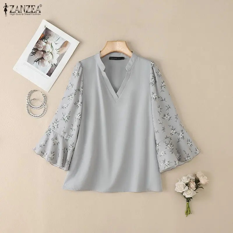 ZANZEA 2026 Elegant Women's Blouses V-Neck Floral Printed 3/4 Sleeve Loose Tops Spring Summer Casual and Day Woman Clothes 3XL