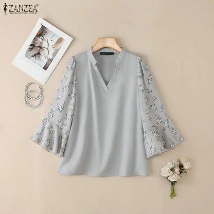 ZANZEA 2026 Elegant Women's Blouses V-Neck Floral Printed 3/4 Sleeve Loose Tops Spring Summer Casual and Day Woman Clothes 3XL