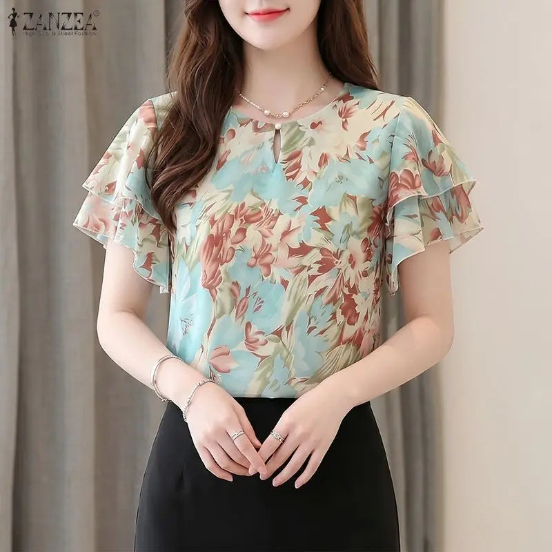 ZANZEA Summer Women Blouses Ruffles Short Sleeve Tops Fashion Print Tops Streetwear OL Work Party Blusas Oversize Tunic S-3XL