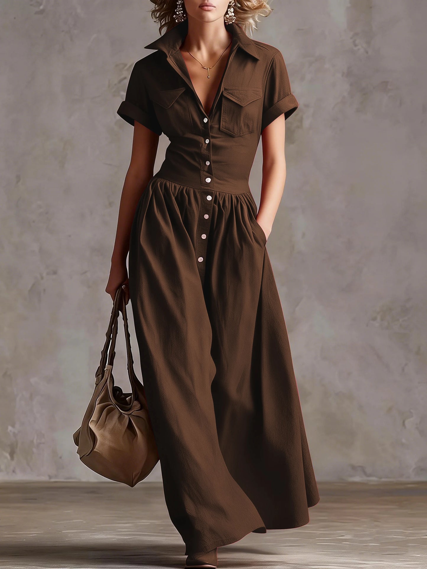 Women's Western Solid Color Woven Button-Down Collar Short Sleeve Long Dress