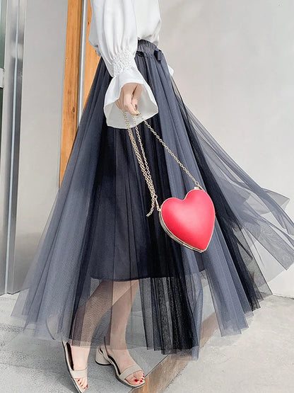 Hot Sale Summer Pleated Long Skirts A-line Elastic Waist Fairy Tiered Skirt Women 2 Layers Color Contrast Women's Skirts