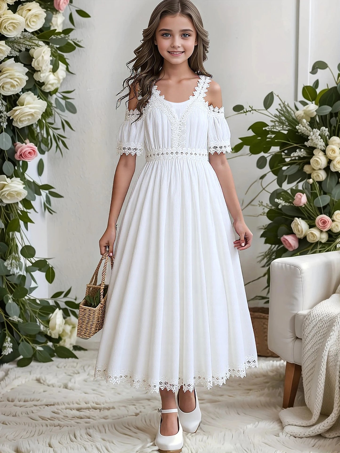 Tween Girls' Lace Trim Fashion Princess Dress Summer Outdoor Beach Vacation Suitable One Piece Children's Clothing