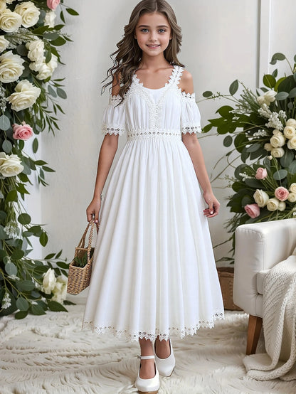 Tween Girls' Lace Trim Fashion Princess Dress Summer Outdoor Beach Vacation Suitable One Piece Children's Clothing
