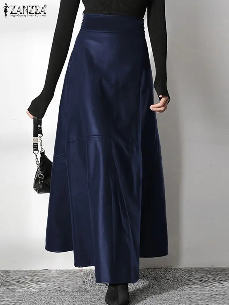 Women's Elegant OL Long Saias 2023 Fashion Solid Mujer Faldas ZANZEA PU Leather Maxi Skirts Casual High Waist Zipper Jupe Femme