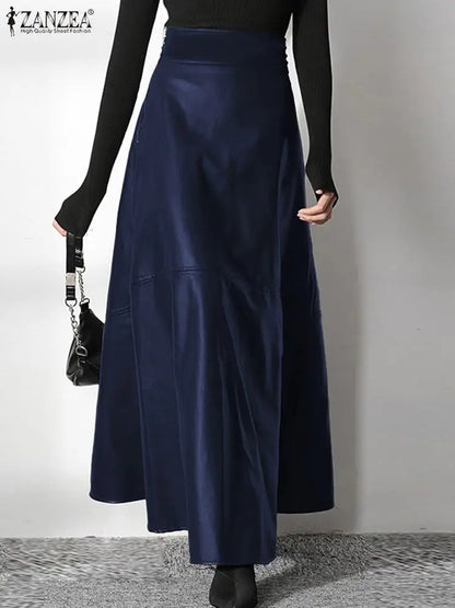 Women's Elegant OL Long Saias 2023 Fashion Solid Mujer Faldas ZANZEA PU Leather Maxi Skirts Casual High Waist Zipper Jupe Femme