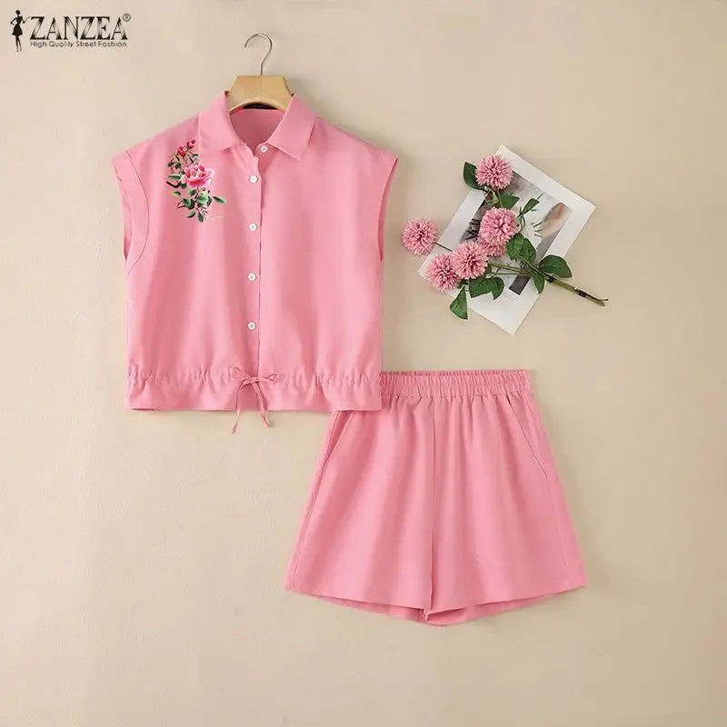 ZANZEA Women Short Sets Two Piece Shorts Sets Floral Drawstring Pockets Casual Summer Lapel Button 2PCS Sleeveless Tops Shorts