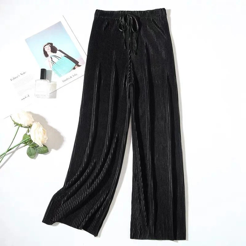 2025 New Women's Summer Thin High-waist Korean Style Non-iron Pleated Straight Leg Solid Loose Drape Wide-leg Pants Dropshipping