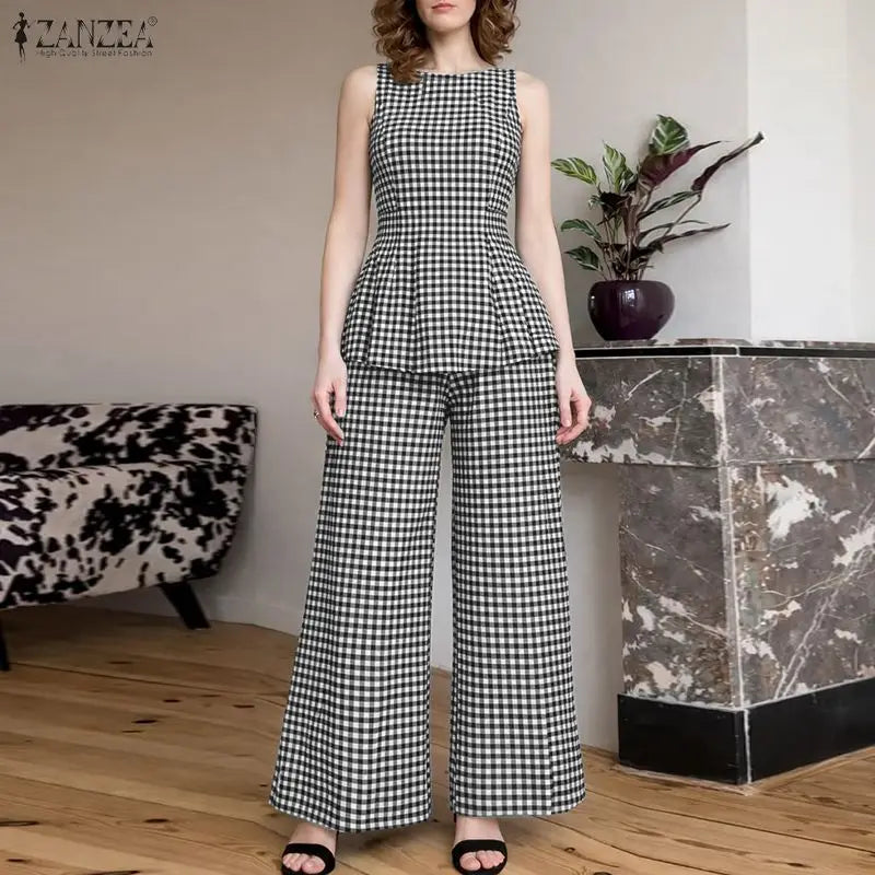 ZANZEA 2026 Women Gingham Check 2-Piece Matching Sets O-Neck Tank Tops & Wide Leg Pants Suits Summer Casual Streetwear Co-ords