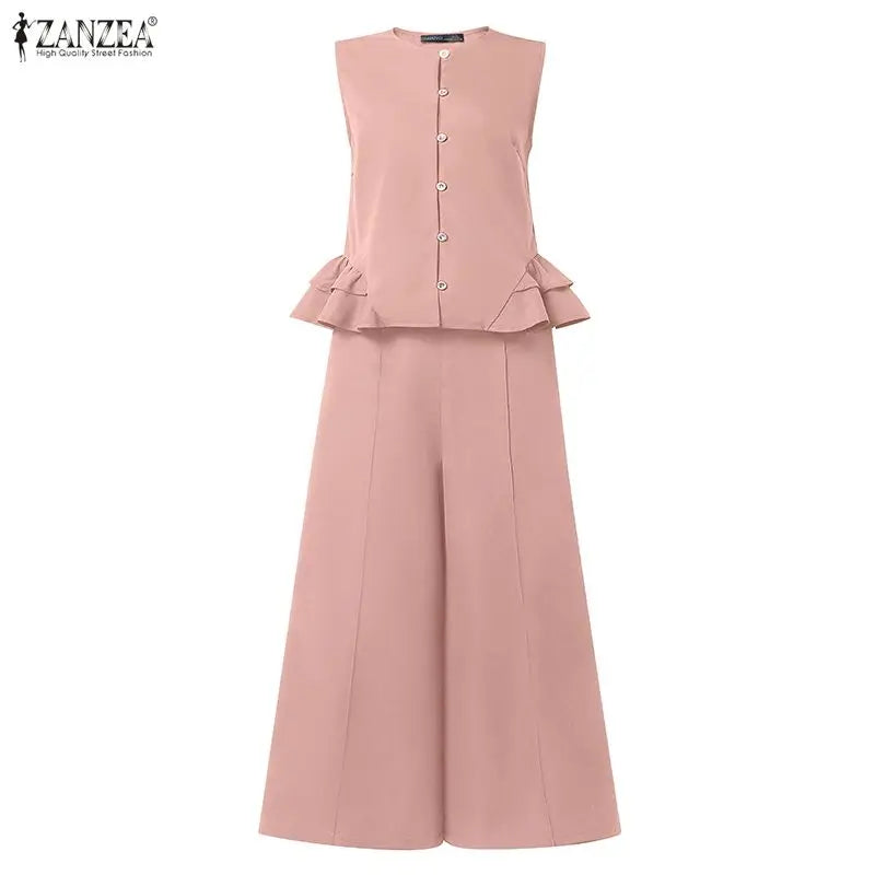 ZANZEA Women's Casual Fashion Pant Sets Ruffled Hem Sleeveless Tops & Wide Leg Pants 2 Piece Suits Summer Commute Work Outfits