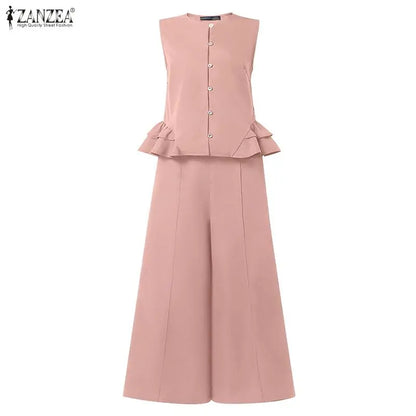 ZANZEA Women's Casual Fashion Pant Sets Ruffled Hem Sleeveless Tops & Wide Leg Pants 2 Piece Suits Summer Commute Work Outfits