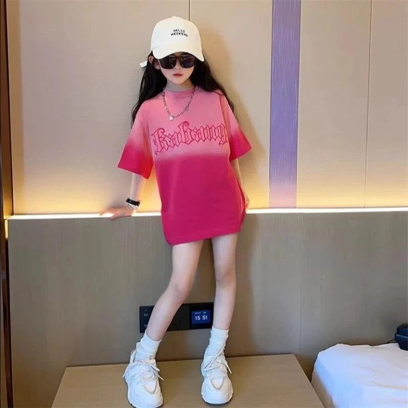 Girls Ice Silk Cooling T-Shirt 2026 Summer Kids Short Sleeve Top Crew Neck Gradient Casual Trendy Tee for Children