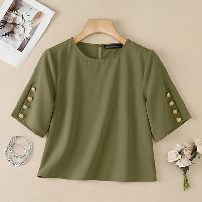 ZANZEA Women's Minimalist Fashion Blouses Elegant O-Neck Buttons Detailed Half Sleeves Solid Tops Summer Loose Blusas de Mujer