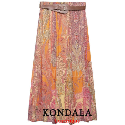 KONDALA Elegant Beach Boho Women Skirt Print Sashes Long Straight Skirt Fashion 2026 Spring Summer Night Out Party Female Skirt