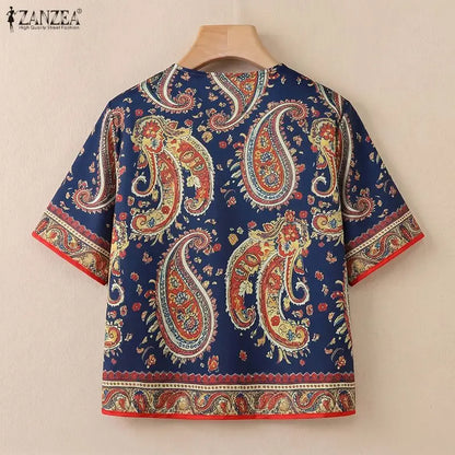 ZANZEA 2026 Summer Paisley Print Short Cardigans Women Open-Front Short Sleeve Shirts Vacation Casual Beach Cover-Up Tops