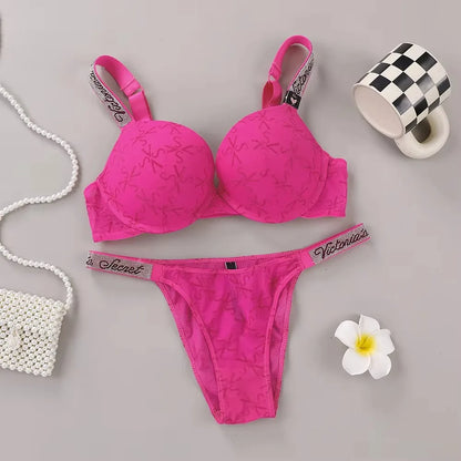 Victoria Secret Sexy Women Underwear Very Sexy Logo Shine Strap Embossed Lace Push Up Bra Shine Script Thong Panty