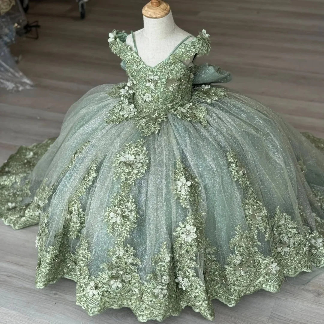Green Flower Girl Dresses For Wedding Lace Appliques Floor Length Girl Birthday Party Gowns First Communion Gowns Customized