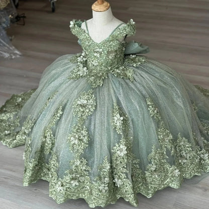 Green Flower Girl Dresses For Wedding Lace Appliques Floor Length Girl Birthday Party Gowns First Communion Gowns Customized