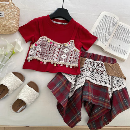 Girls' New Summer Short-Sleeve Ethnic Style Lace Patchwork Plaid Skirt Two-Piece Set