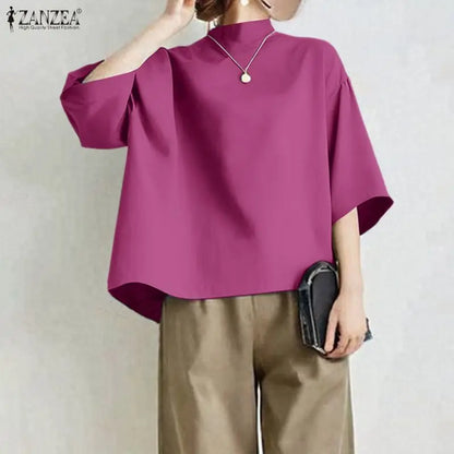 ZANZEA Casual Style High Low Blouses Women 2026 Spring Drop-Shoulder 3/4 Sleeve Stand Collar Solid Tops Fashion Woman Clothes
