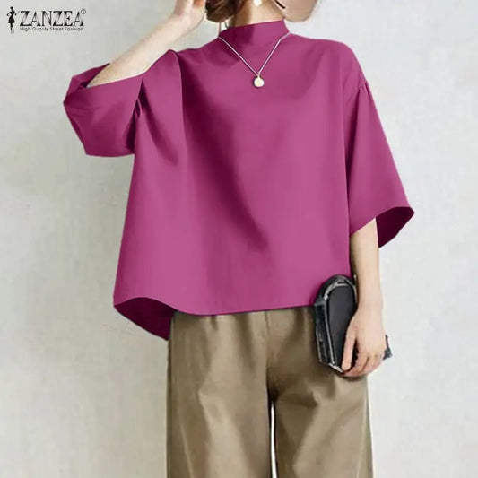 ZANZEA Casual Style High Low Blouses Women 2026 Spring Drop-Shoulder 3/4 Sleeve Stand Collar Solid Tops Fashion Woman Clothes