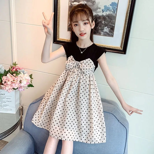 Sweet Polka Dot Midi Dress for Baby Girls Summer Clothes Girl's Elegant Dresses Children 7 8 Years Women's Cotton Linen 9 10 Kid