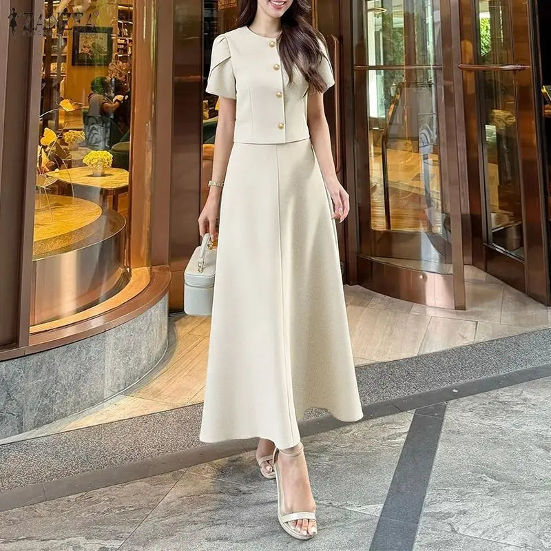 ZANZEA Women's French Chic Skirt Suits Elegant Short Petal Sleeves Tops and A-Line Midi Skirts 2 Piece Sets Outfit Woman Clothes