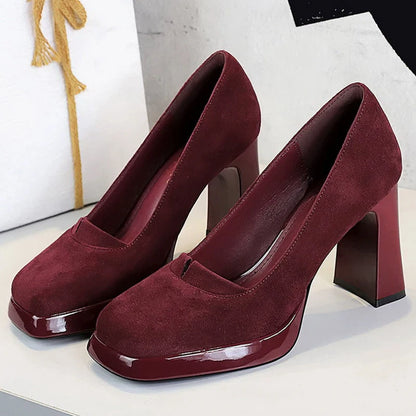 BIGTREE shoes 9 cm Chunky Block Heels Women Pumps Retro High Heels Square Headed Platform High Heels Suede Ladies Shoes 3 Colour