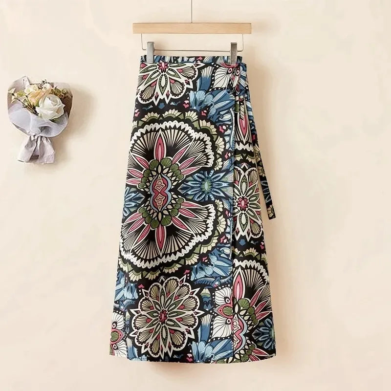 Vacation Style Wrap Skirt Beachside Long Skirt Women's High Waist A-Line Midi Skirt Floral Print One-Piece Summer Spring