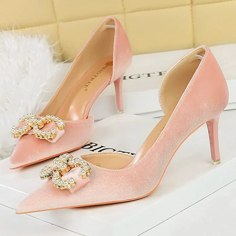 BIGTREE Shoes 7 Cm Kitten High Heels Rhinestone Buckle Pearl Design Women Pumps Suede Ladies Heels Stilettos Luxury Party Shoes