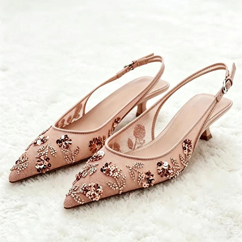 Luxury Bling String Bead Detail Mid Heel Women Pumps Pointed Toe Mesh Slingback Heeled Sandals for Ladies Elegant Women Shoes