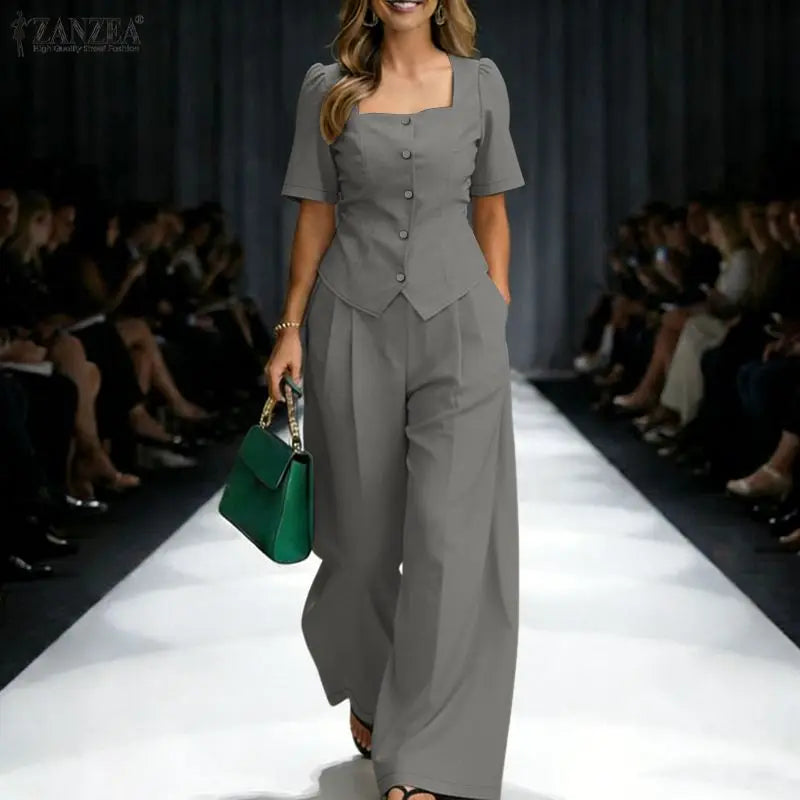 ZANZEA Summer 2 Pieces Sets 2PCS Women OL Work Outfits Square Neck Short Sleeve Blouse Wide Leg Pant Sets Solid Color Tracksuit