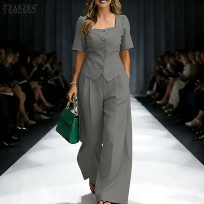 ZANZEA Summer 2 Pieces Sets 2PCS Women OL Work Outfits Square Neck Short Sleeve Blouse Wide Leg Pant Sets Solid Color Tracksuit