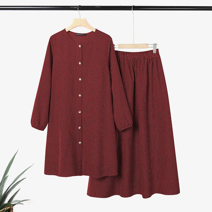 2026 ZANZEA Muslim 2 Pieces Sets Long Shirt Dress Suit Hijab Tracksuit Oversize Plaid Outfit Women Long Sleeve Tops Kaftan Skirt