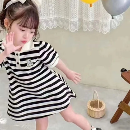 1pcs Children Short Sleeve Dress Kids Leisure Skirts Summer Baby Black White Stripe Skirt Pupil Girls Fashion Clothes 80cm-160cm